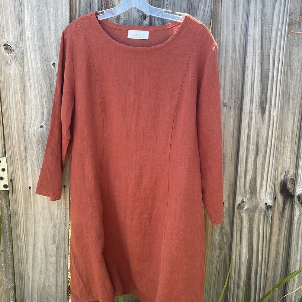 J. Jill Rusty Orange Sheath Dress Long Sleeve Bateau Neckline Lg  petite linen